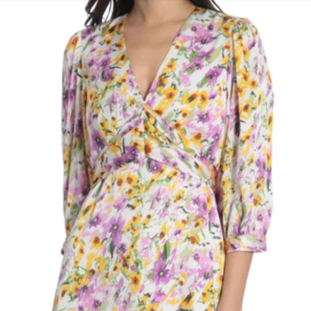 NWT Maggie London Size 10 Empire Waist Lavender and Yellow Floral Midi Dress